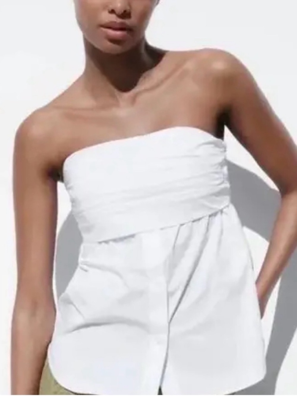 Zara White Poplin Pleated Button Down Peplum  Tube Top